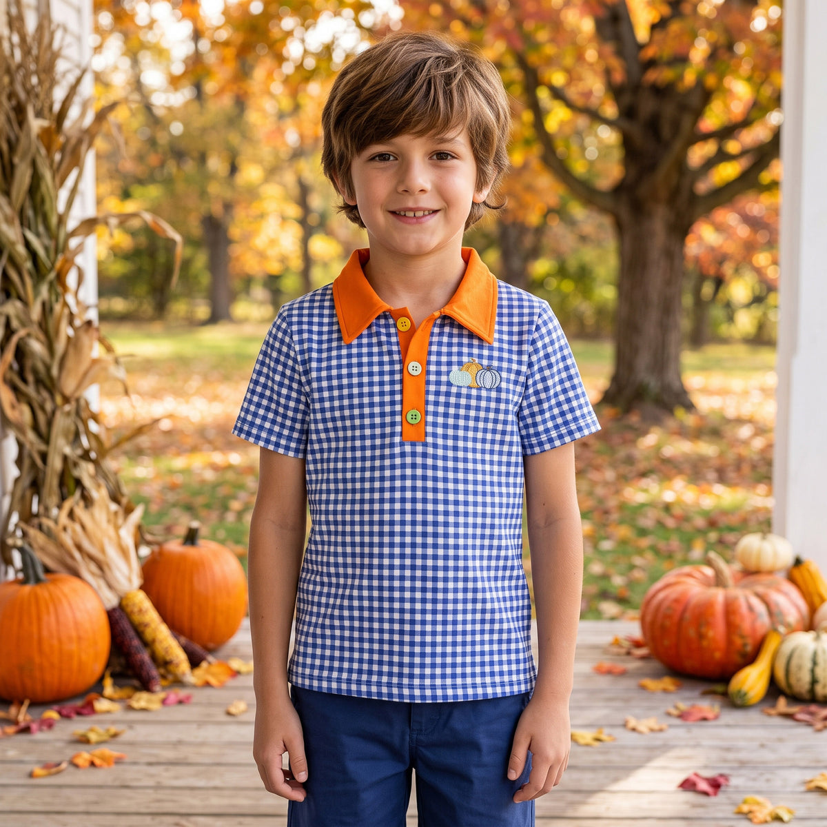 NO MOQ RTS BT1892(1)-embroidery Baby Boy Clothes Blue Gingham Triple Pumpkin Embroidery Short Sleeve Polo Shirt 202609