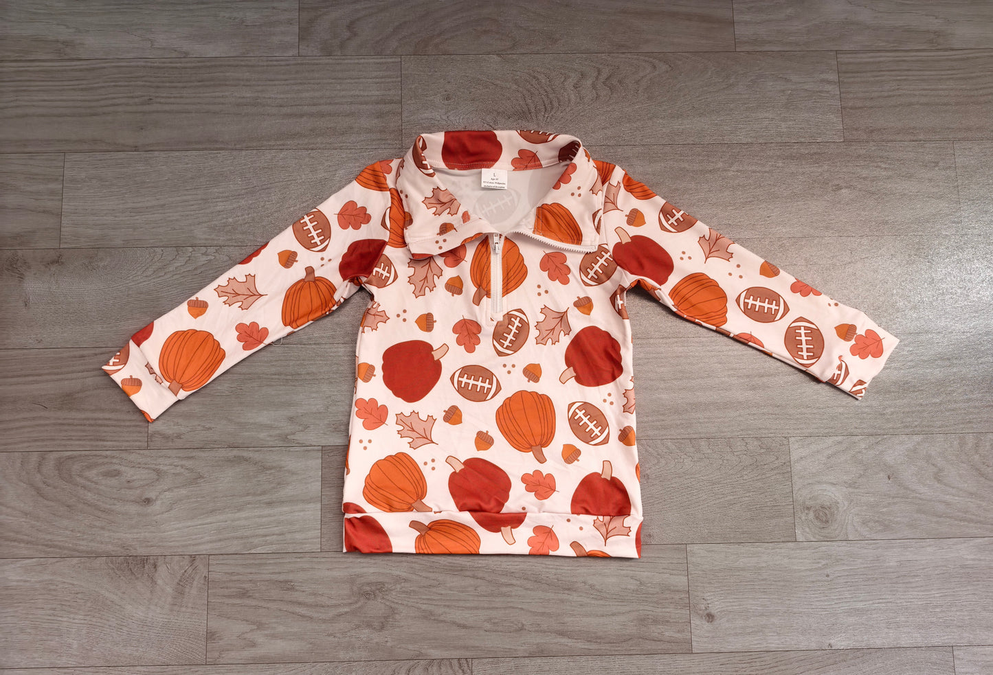 RTS BT1894 Kids Halloween Pumpkin Football Print Peter Pan Collar Half Zip Long Sleeve Top 202608