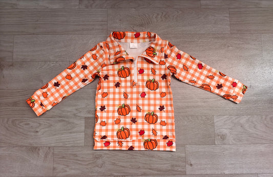 NO MOQ Sample-Real Pics BT1895 Kids Halloween Gingham Pumpkin Maple Leaf Print Peter Pan Collar Half Zip Long Sleeve Top 202608