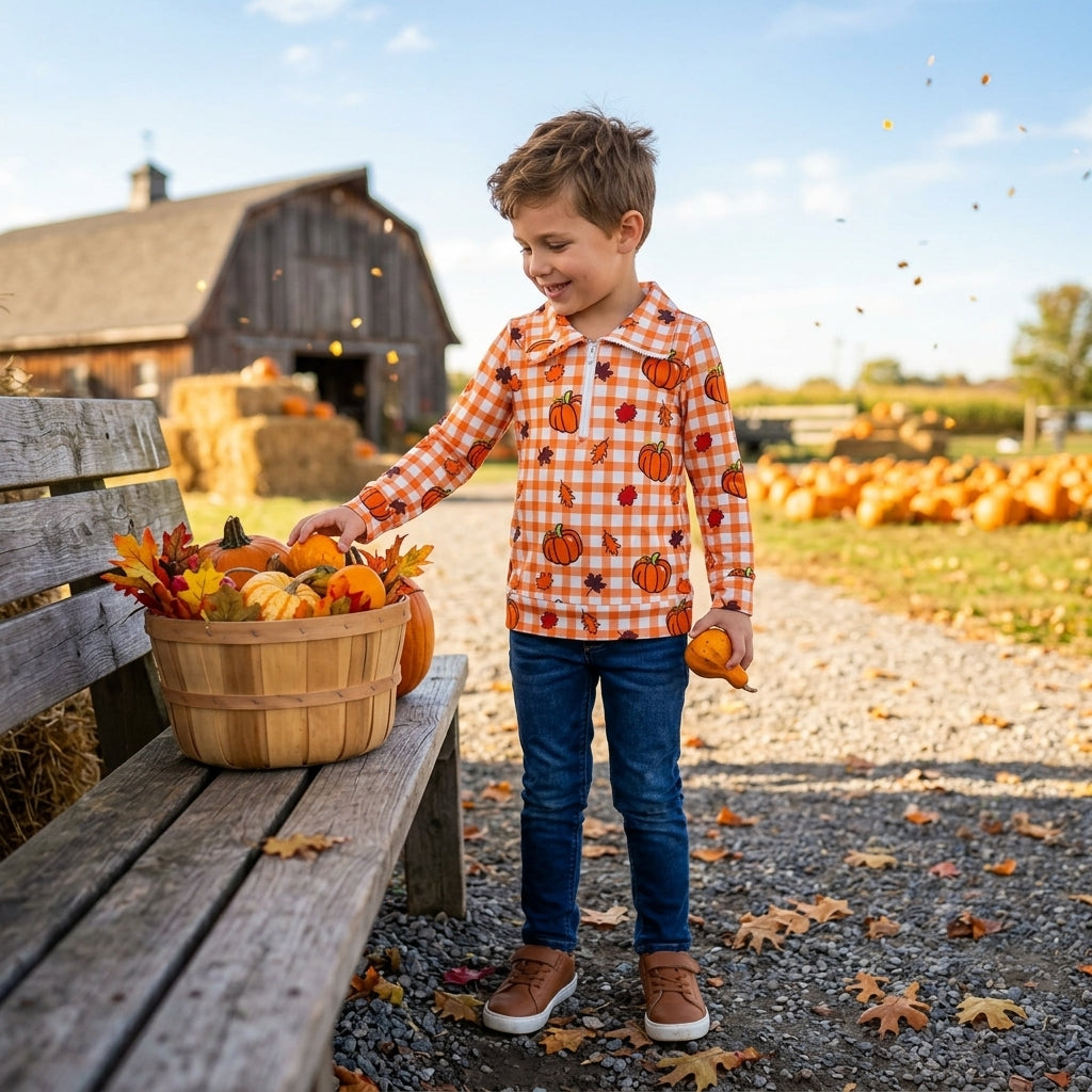 NO MOQ RTS BT1895Baby Girl Boy Clothes Orange Gingham Pumpkin Maple Leaf Print Half Zip Collar Long Sleeve Top 202609