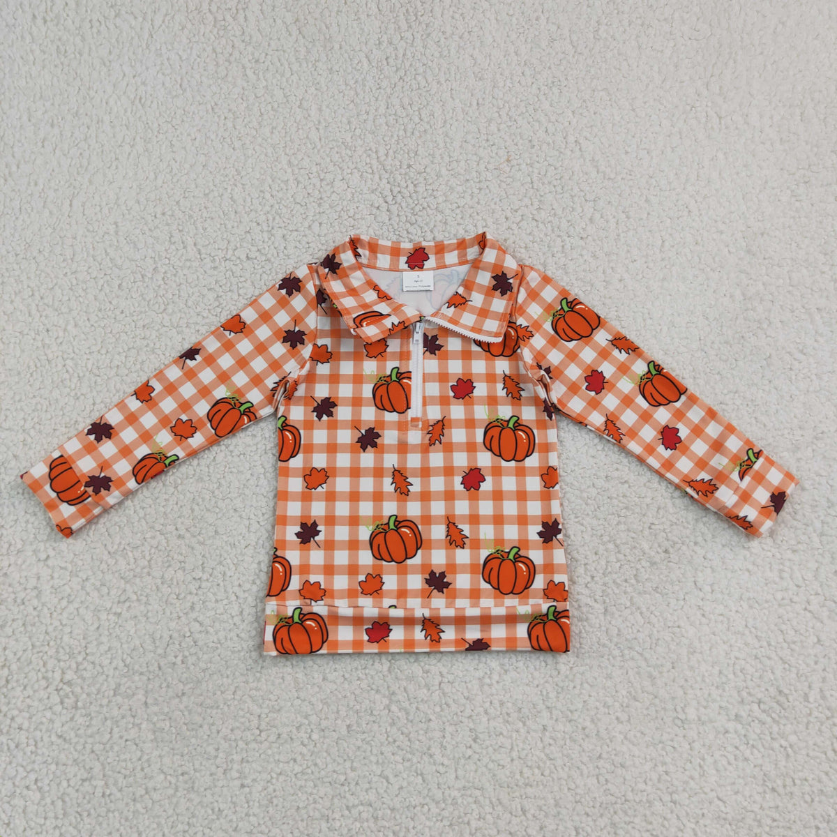 NO MOQ RTS BT1895Baby Girl Boy Clothes Orange Gingham Pumpkin Maple Leaf Print Half Zip Collar Long Sleeve Top 202609