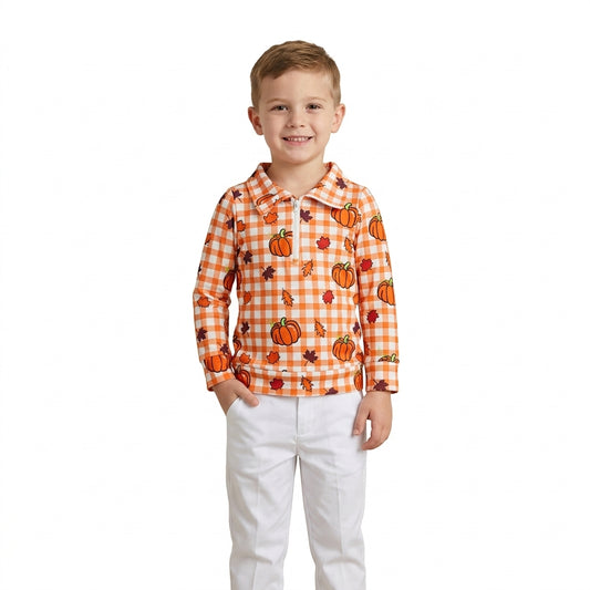 NO MOQ RTS BT1895Baby Girl Boy Clothes Orange Gingham Pumpkin Maple Leaf Print Half Zip Collar Long Sleeve Top 202609