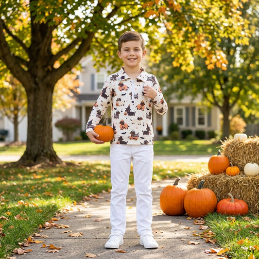 NO MOQ RTS BT1896 (2) Baby Boy Clothes Halloween Dachshund Pumpkin Mixed Print Long Sleeve Half Zip Top 202609