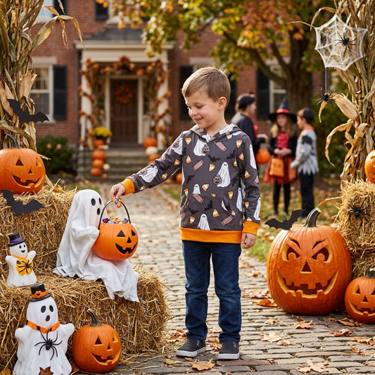 NO MOQ RTS BT1898 Baby Clothes Ghost Bat Candy Corn Print Hooded Sweatshirt 202609