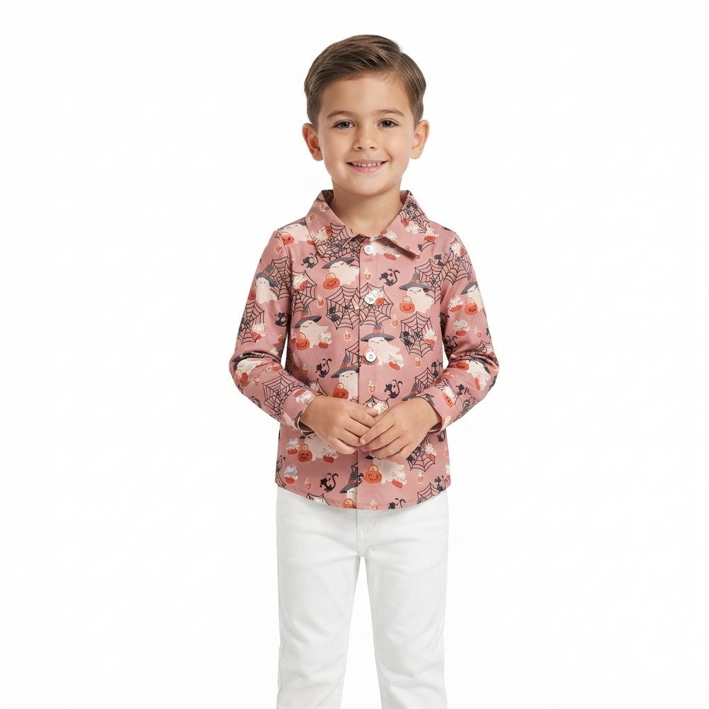 NO MOQ RTS BT1902 Baby Boy Clothes Halloween Ghost Spider Web Print Long Sleeve Button Down Shirt 202609