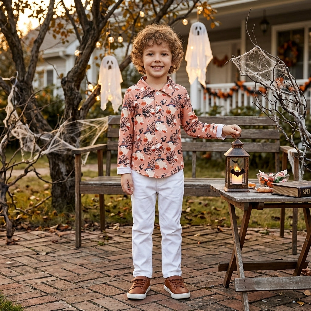 NO MOQ RTS BT1902 Baby Boy Clothes Halloween Ghost Spider Web Print Long Sleeve Button Down Shirt 202609
