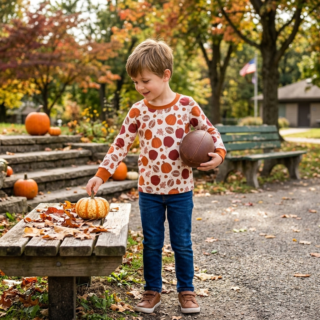NO MOQ RTS BT1928 Baby Boy Clothes Pumpkin Apple Football Fall Leaf Print Long Sleeve Top 202609
