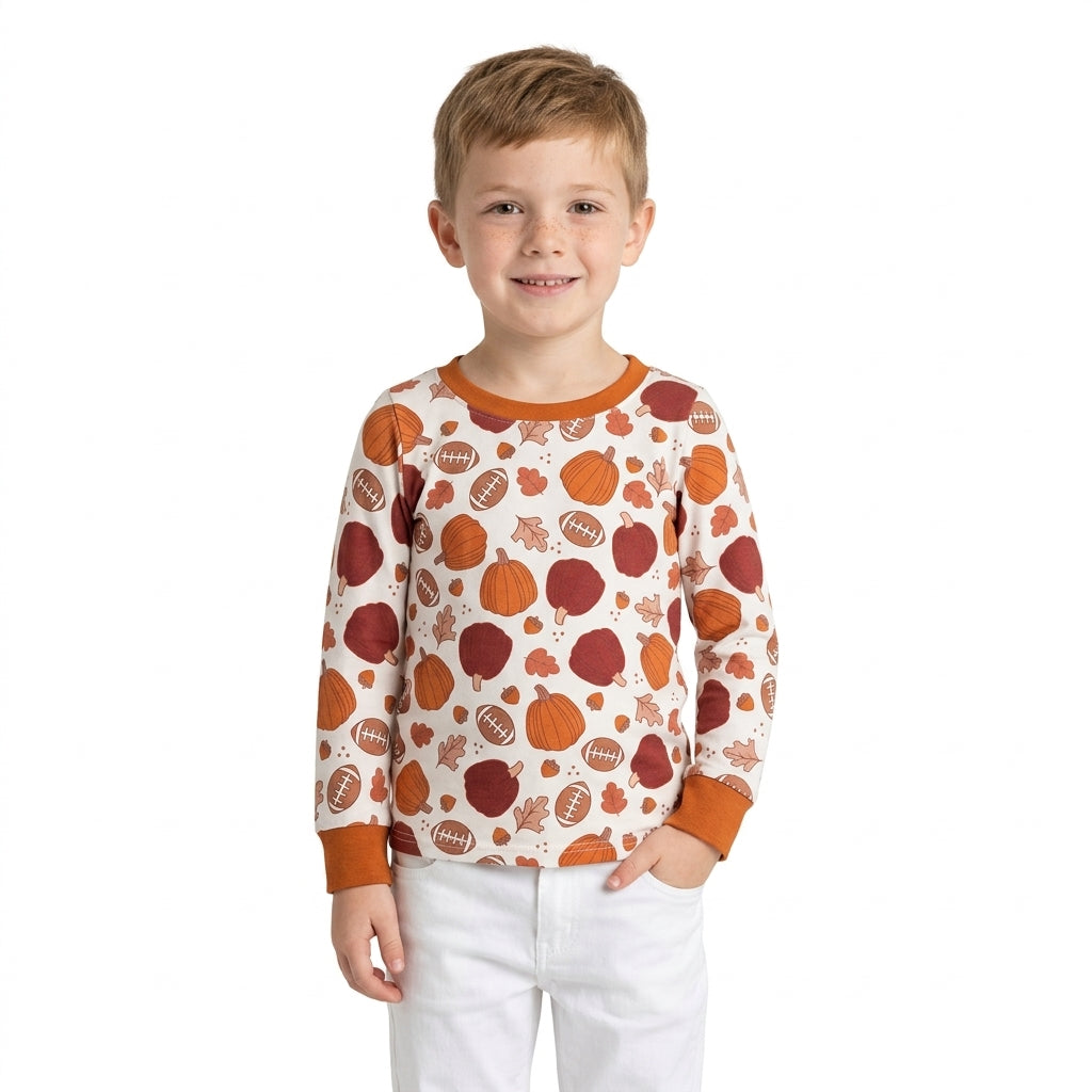 NO MOQ RTS BT1928 Baby Boy Clothes Pumpkin Apple Football Fall Leaf Print Long Sleeve Top 202609