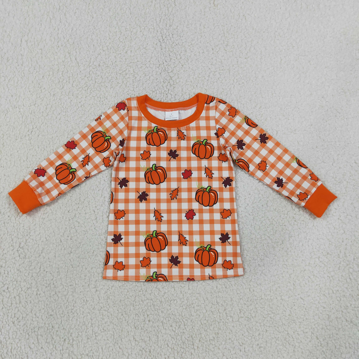 NO MOQ RTS BT1929 Baby Boy Clothes Orange Gingham Pumpkin Leaf Print Long Sleeve Top 202609