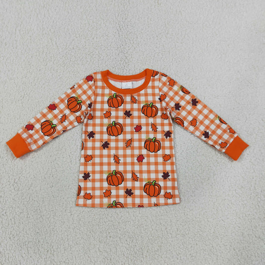 NO MOQ RTS BT1929 Baby Boy Clothes Orange Gingham Pumpkin Leaf Print Long Sleeve Top 202609