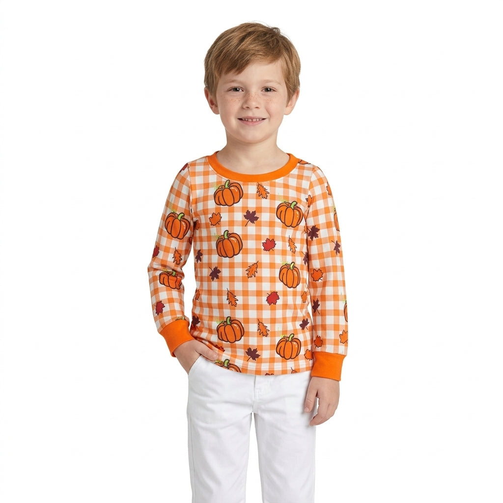 NO MOQ RTS BT1929 Baby Boy Clothes Orange Gingham Pumpkin Leaf Print Long Sleeve Top 202609