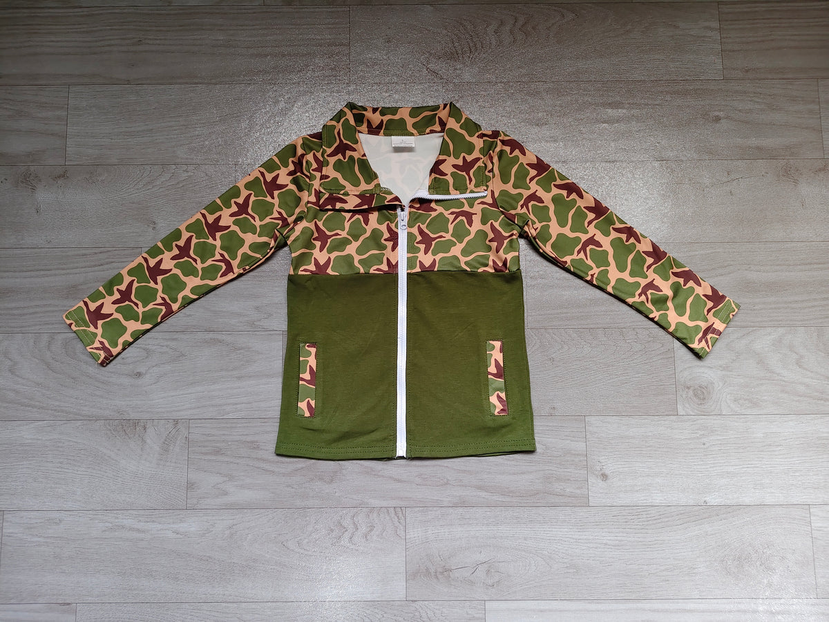 Sample-Real Pics BT1933 Baby Girl Clothes Camo Duck Print Color Block Long Sleeve Zip Up Jacket