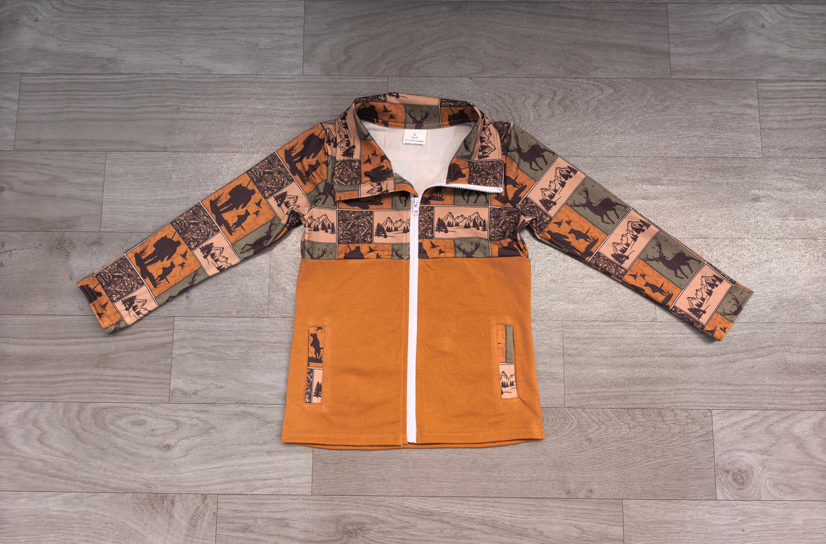 Sample-Real Pics BT1934 Baby Boy Clothes Hunting Patchwork Animal Scene Print Long Sleeve Full Zip Jacket