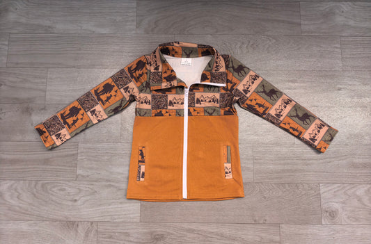 Sample-Real Pics BT1934 Baby Boy Clothes Hunting Patchwork Animal Scene Print Long Sleeve Full Zip Jacket