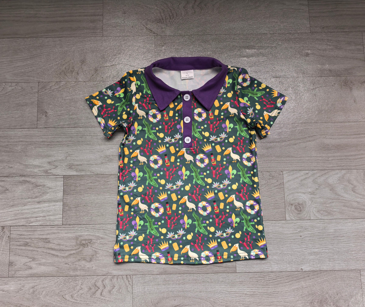 Sample-Real Pics BT1961 Baby Boy Clothes Mardi Gras Alligator Pelican Crawfish Allover Print Short Sleeve Polo Shirt
