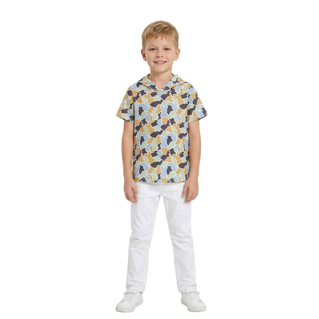 NO MOQ RTS BT1963 Baby Boy Clothes Easter Bunny Camo Print Short Sleeve Hooded Tee Top 202610