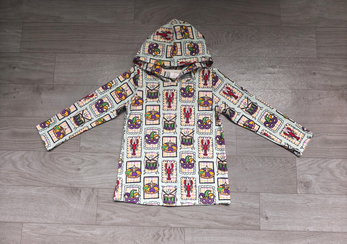 Sample-Real Pics BT1968 Baby Boy Clothes Mardi Gras Stamp Crawfish Drum Mask Allover Print Long Sleeve Hooded Top