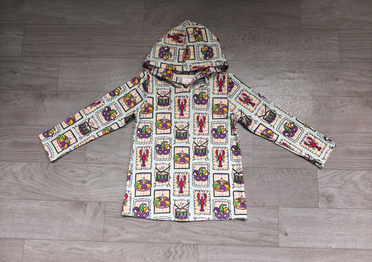 Sample-Real Pics BT1968 Baby Boy Clothes Mardi Gras Stamp Crawfish Drum Mask Allover Print Long Sleeve Hooded Top