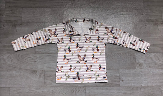 Sample-Real Pics BT1969 Baby Boy Clothes Mallard Duck Striped Allover Print Long Sleeve Quarter Zip Top