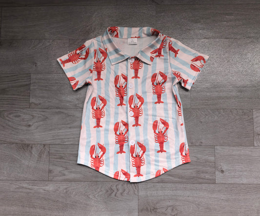 Sample-Real Pics BT1976 Baby Boy Clothes Red Lobster Stripe Print Short Sleeve Button Down Shirt
