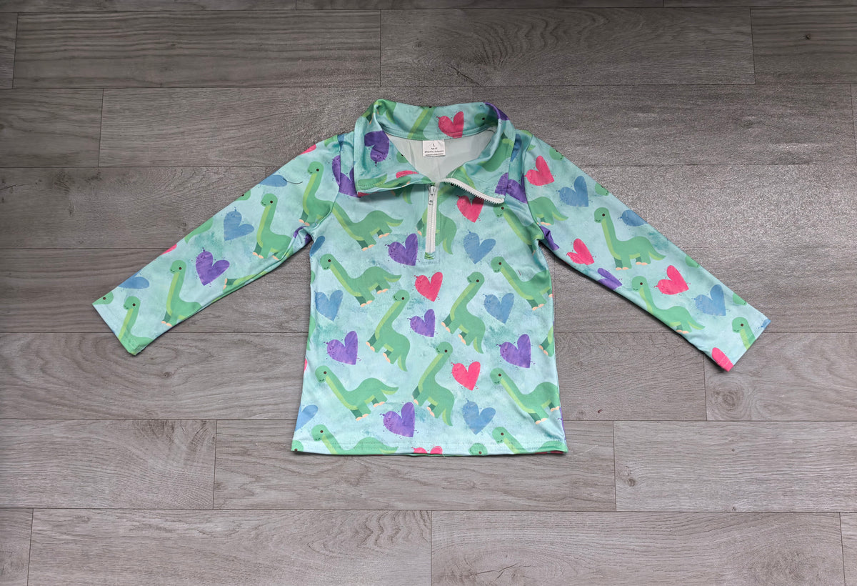 Sample-Real Pics BT1983 Baby Girl Clothes Dinosaur Heart Mixed Print Long Sleeve Half Zip Pullover Top