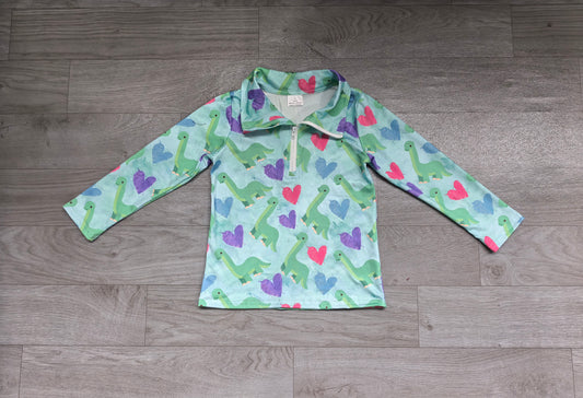 Sample-Real Pics BT1983 Baby Girl Clothes Dinosaur Heart Mixed Print Long Sleeve Half Zip Pullover Top