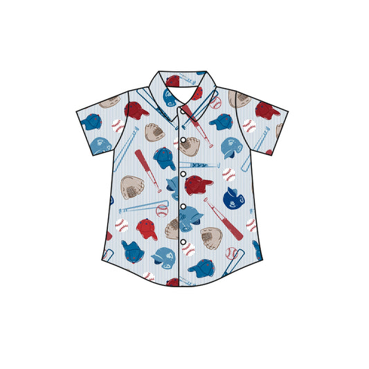Preorder (moq 5) BT2000 Baby Boy Clothes Baseball Glove Bat Cap Striped Mixed Print Short Sleeve Button Down Shirt