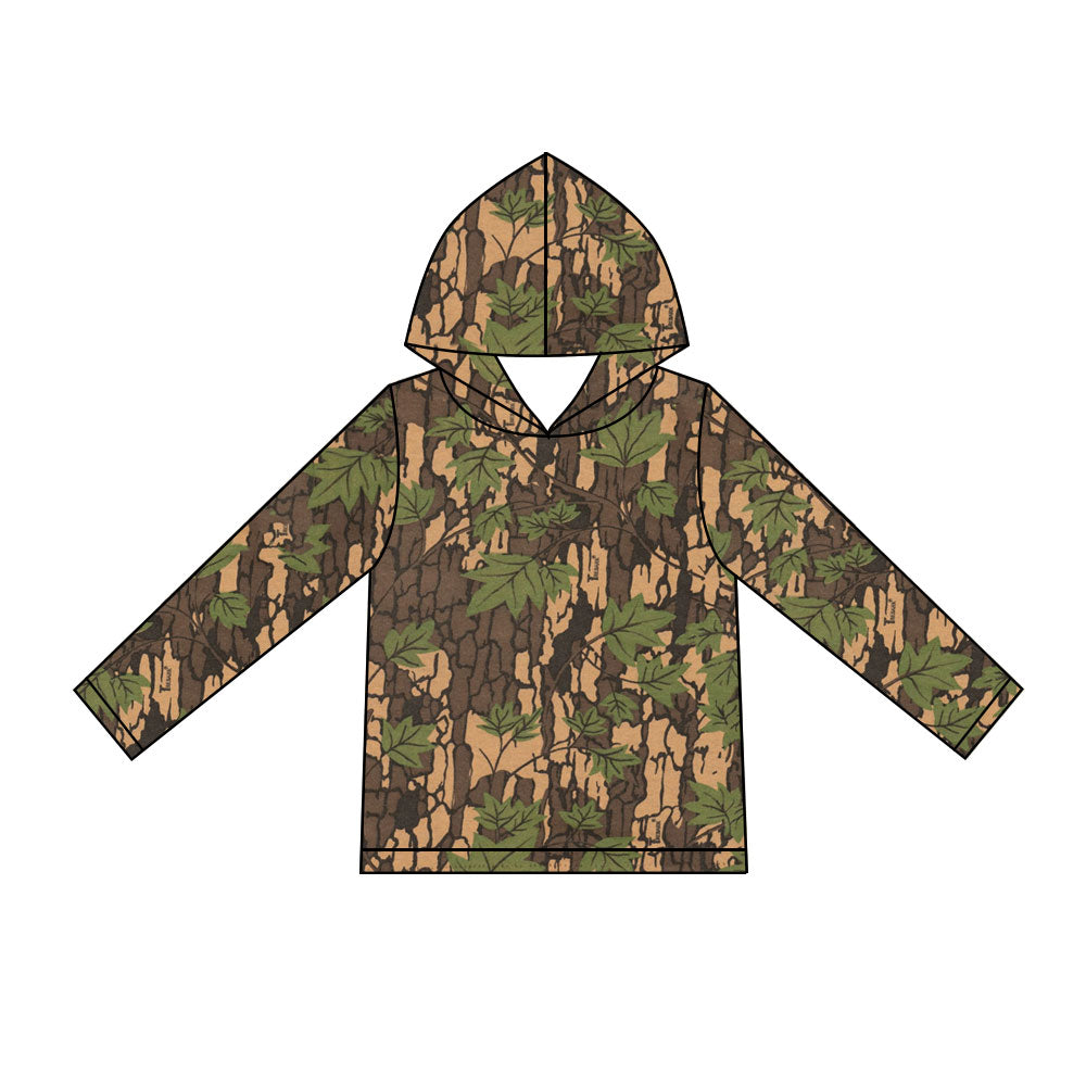 Preorder (moq 5) BT2023 Baby Boy Clothes Tree Bark Leaf Camo Print Long Sleeve Hooded Tee