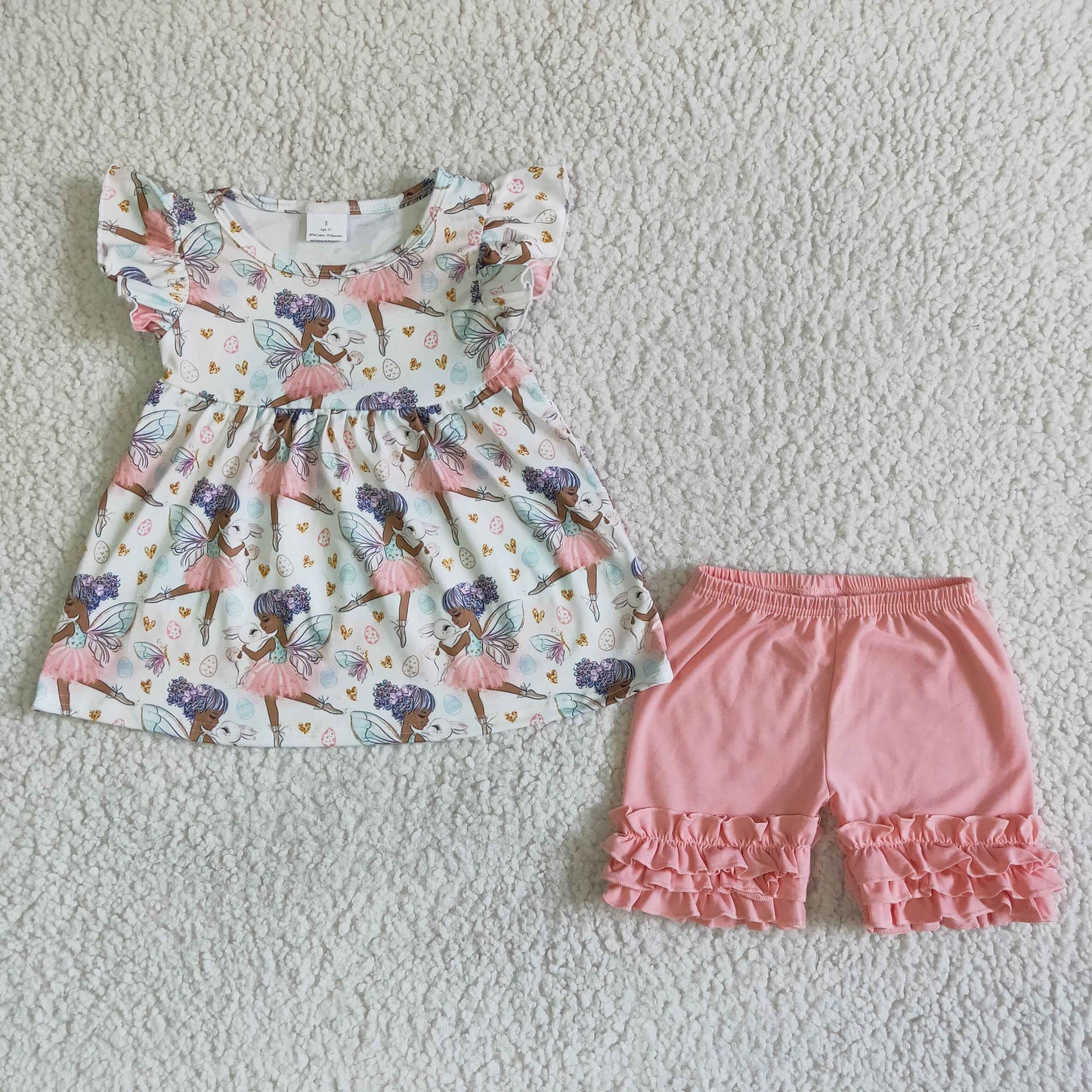 promotion RTS C0-13-3 Beautiful girl puffy set pink ruffles short sleeve shorts outfits