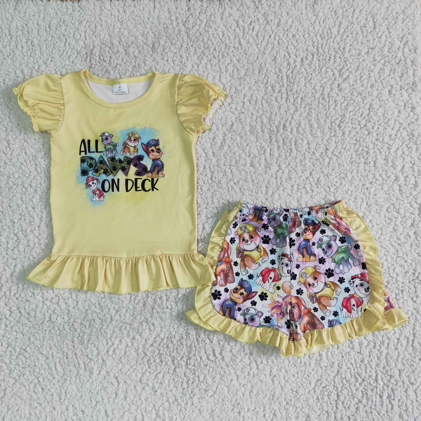 Promotion RTS C1-28 cartoon dog All Paws on Deck yellow ruffles girl short sleeve shorts outfits