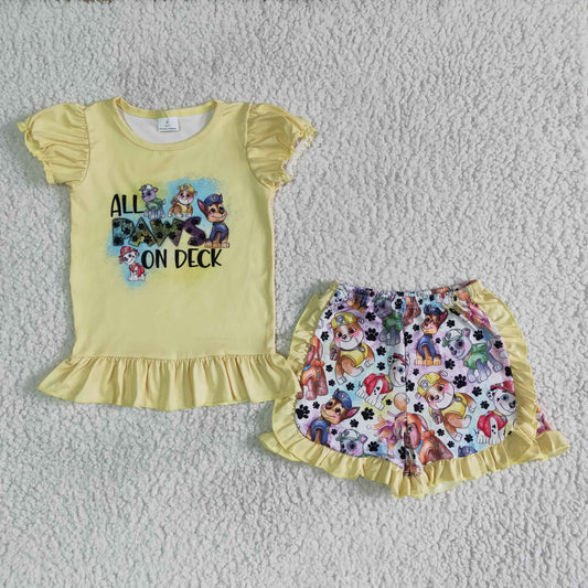 Promotion RTS C1-28 cartoon dog All Paws on Deck yellow ruffles girl short sleeve shorts outfits
