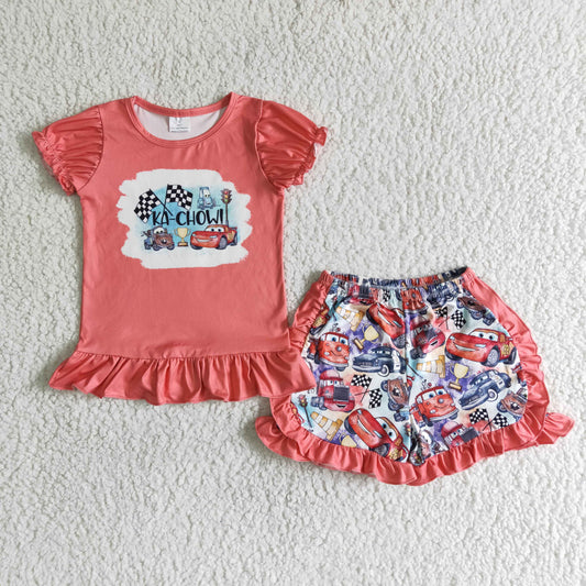 Promotion RTS C1-30 cartoon car KA-CHOW red ruffles girl short sleeve shorts outfits