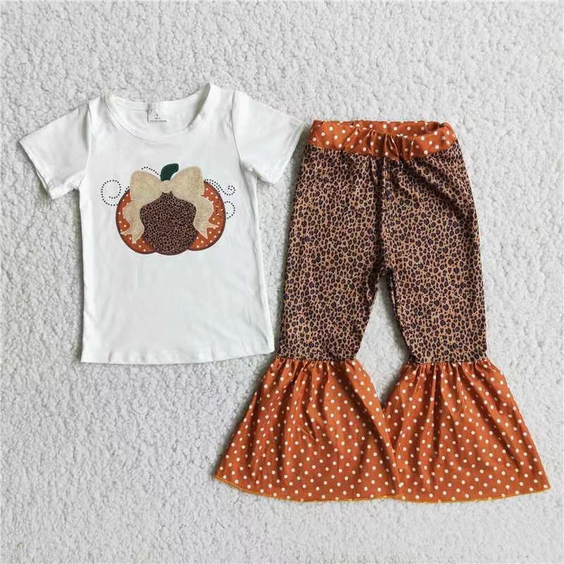 promotion C10-14 pumpkin white leopard short sleeve bell bottom pants girl outfit 20230505 RTS