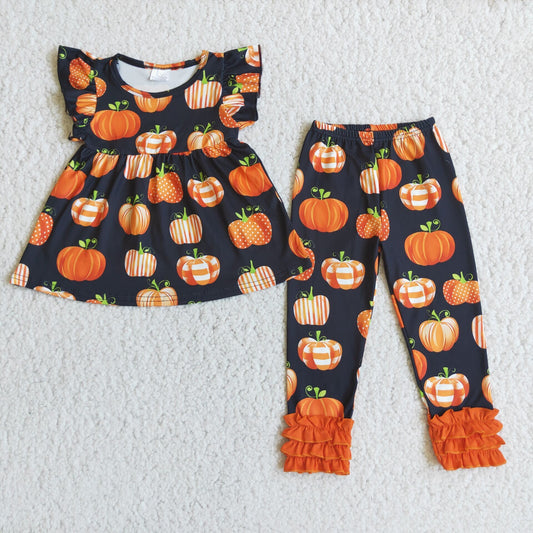 promotion RTS C10-21 pumpkin orange ruffle flying sleeve legging girl outfit