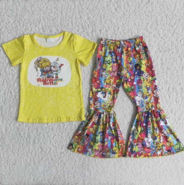 promotion  C15-18 yellow rainbow brite letters cartoon short sleeve bell bottom girl outfit  202408 RTS