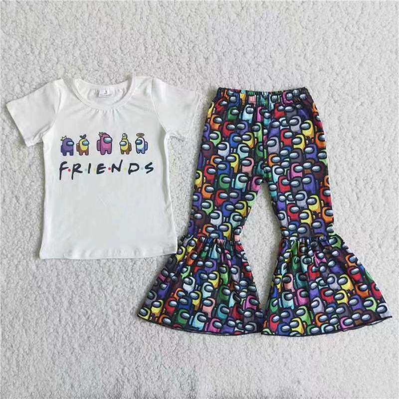 promotion C15-20 friends letters game short sleeve bell bottom pants girl outfit