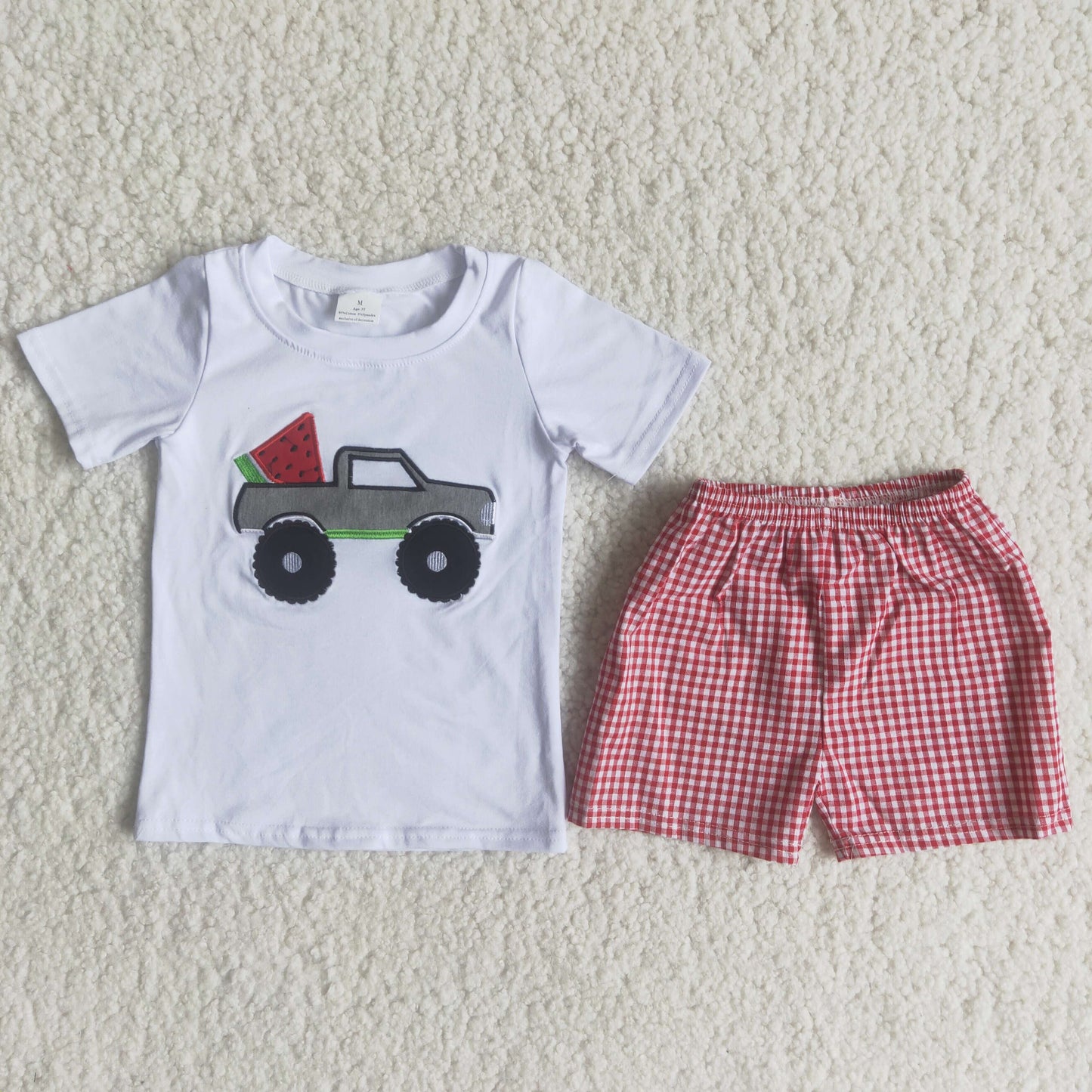 promotion C15-3 RTS watermelon boy truck tractor top pink plaid boy shorts outfit