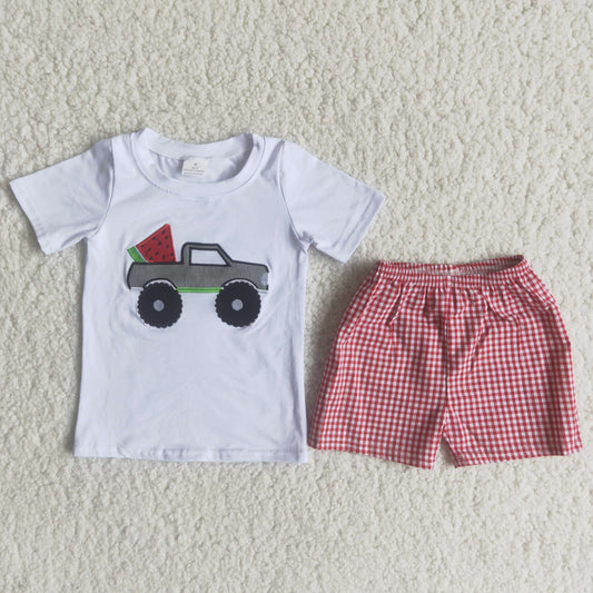 promotion RTS watermelon boy truck tractor top pink plaid boy shorts outfit