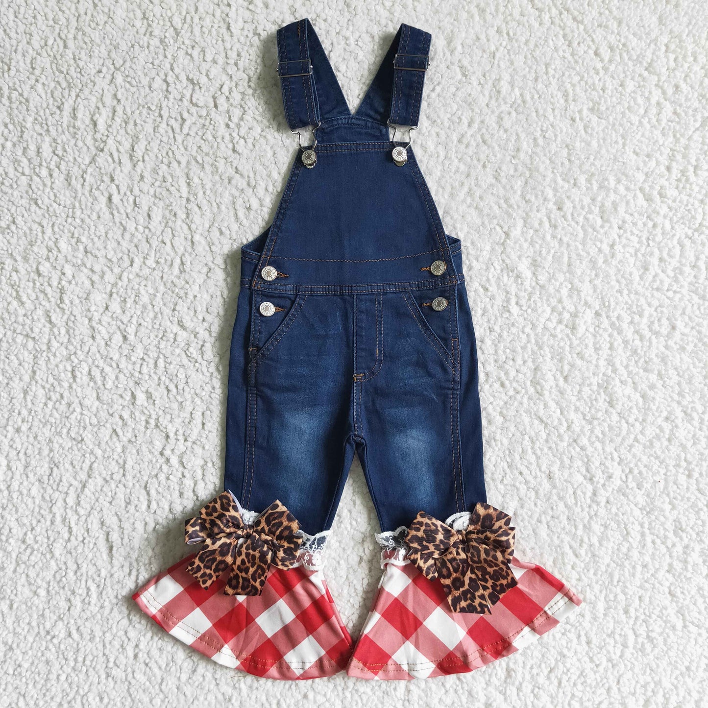 C16-16 Red white plaid bell bottom denim jumpsuit jeans suspender pants RTS 20230720