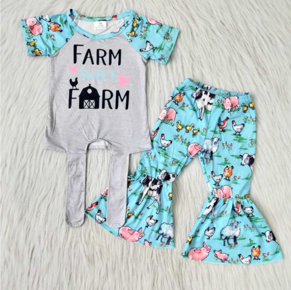 promotion C3-15 crisscross blue raglan farm sweet letters pig short sleeve bell bottom pant girl outfit