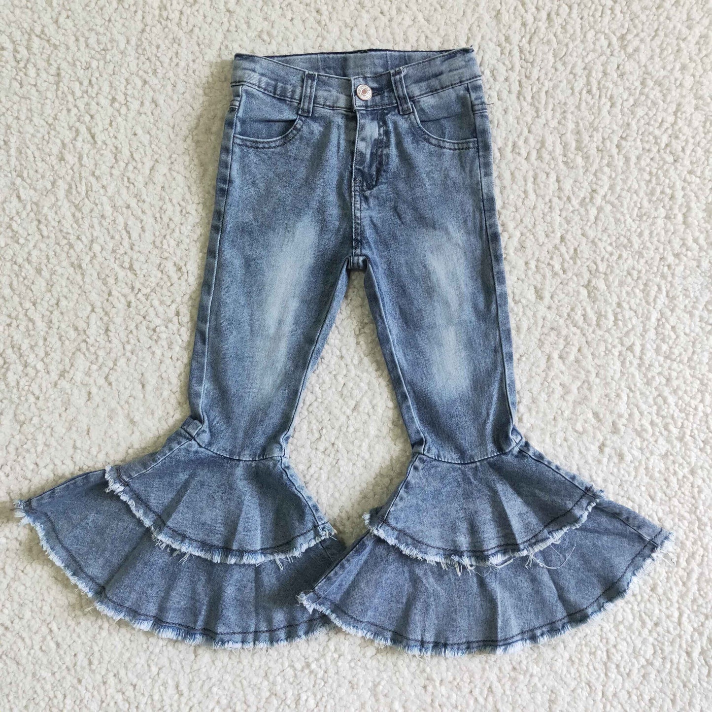 Fashion girl bleached double ruffles denim jeans pants 20231121 RTS