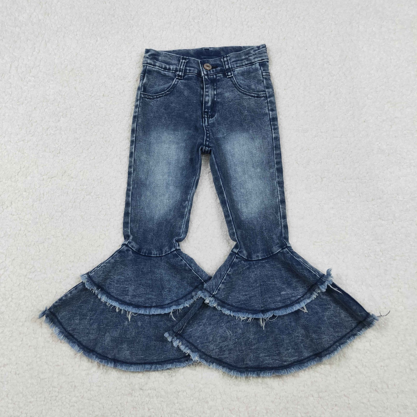 C5-15 Fashion girl bleached double ruffles denim jeans pants 202501 RTS