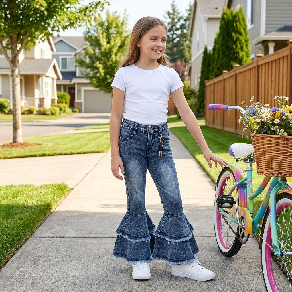 NO MOQ RTS C5-15 Kids Girl Clothes Vintage Washed Double Fringe Denim Flare Pants 202610
