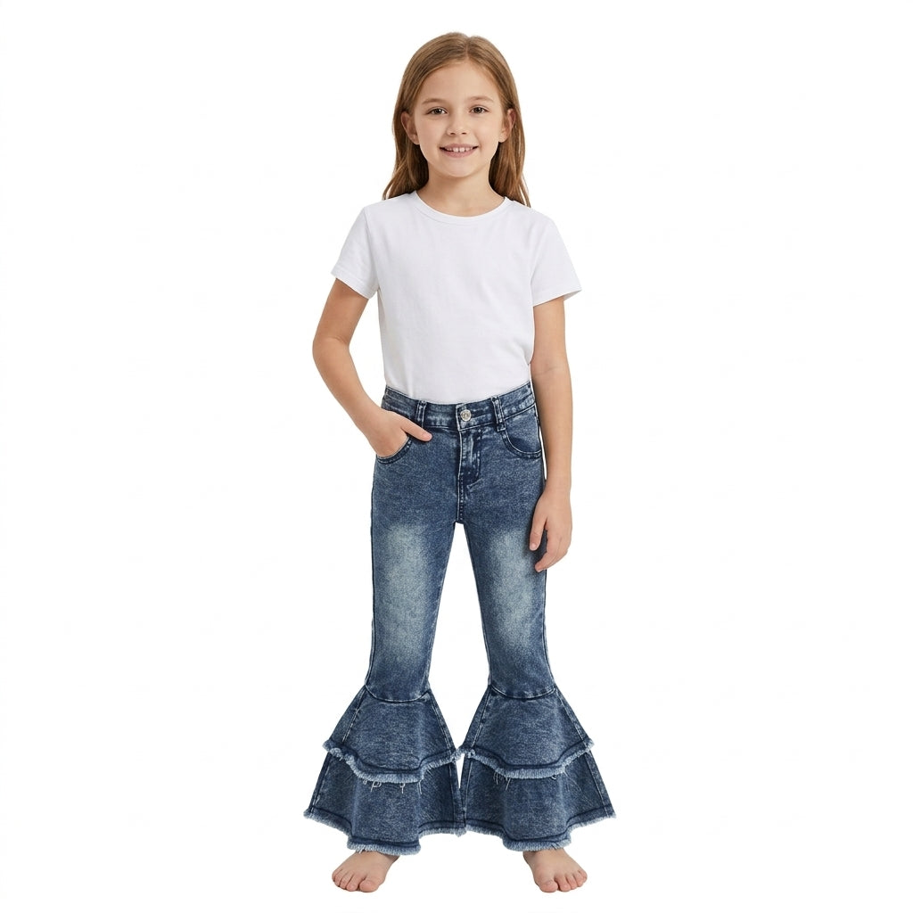NO MOQ RTS C5-15 Kids Girl Clothes Vintage Washed Double Fringe Denim Flare Pants 202610