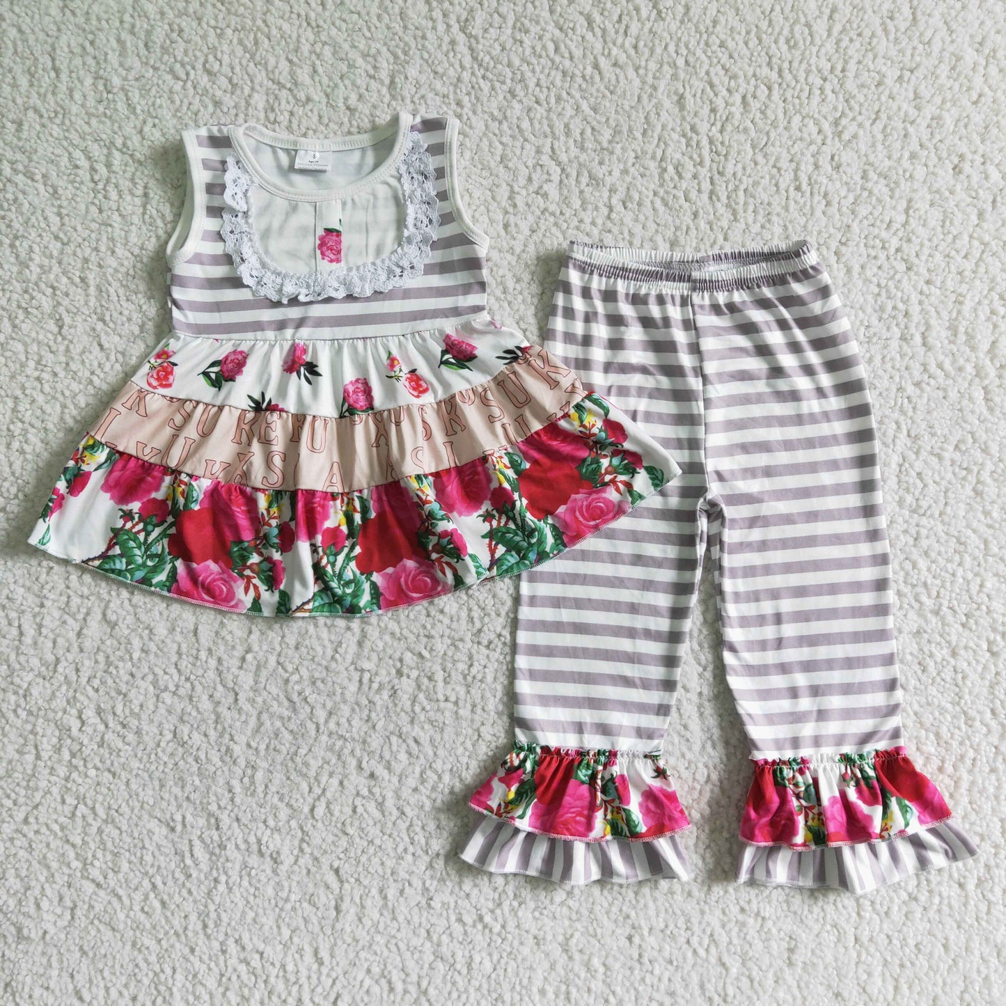 PROMOTION PRICE C5-18 gray lace flowers stripe girl sleeveless pant girl outfit RTS