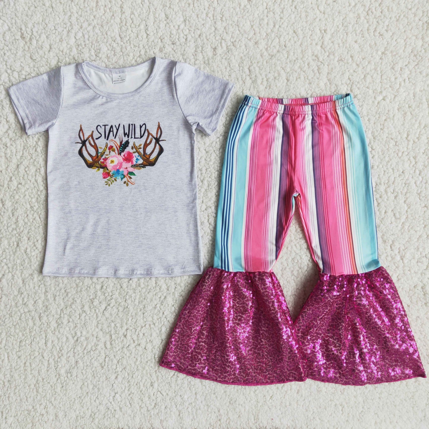 PROMOTION  C5-24 stay wild flowers letters stripe sequins short sleeve bell bottom pant outfit