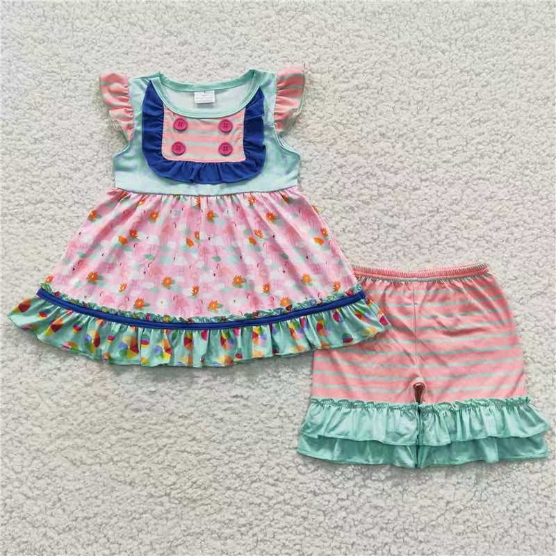 C7-22 girl puffy button flamingos blue pink stripe short sleeve shorts girl outfit summer set