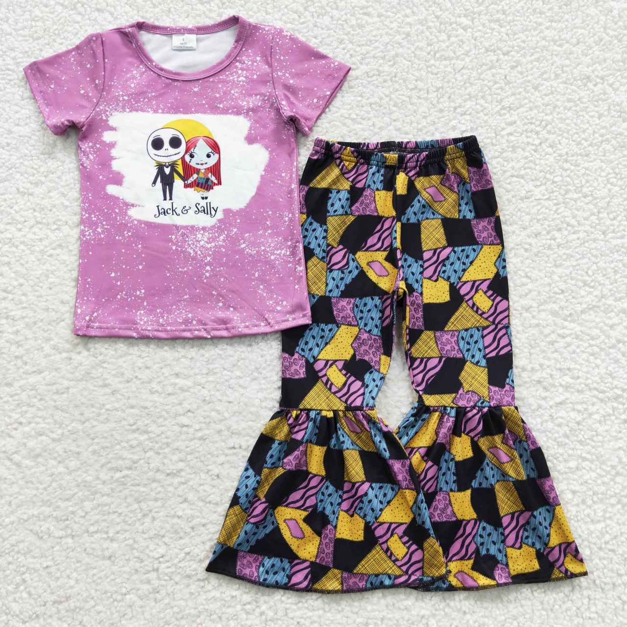 C9-13 halloween purple ghost short sleeve plaid bell bottom pants girl outfit 20230616 preorder