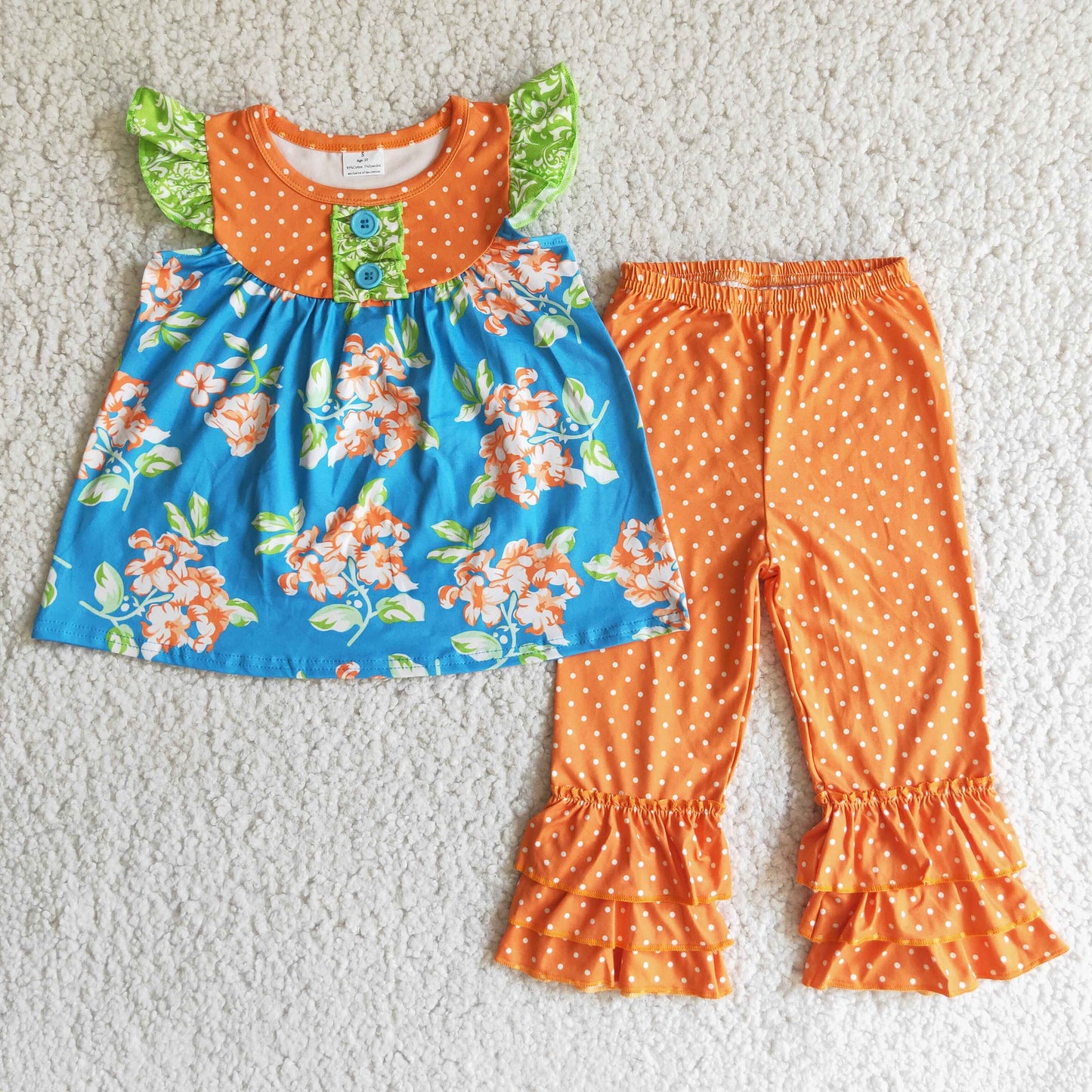 promotion D1-4  ruffle dots flowers orange girl short sleeves outfit 0915 RTS