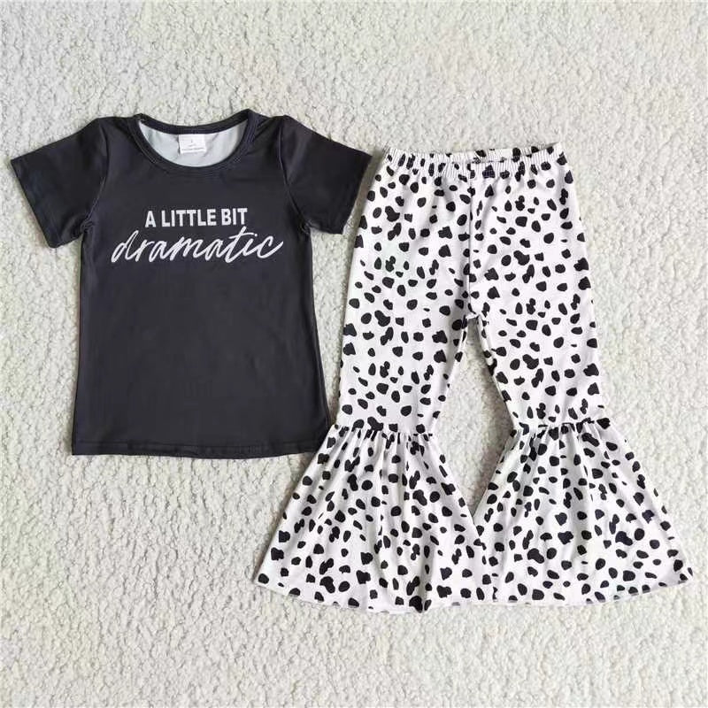 D11-1 RTS a little bit dramatic letters black leopard print girl short sleeve bell bottom pant outfit 20230527